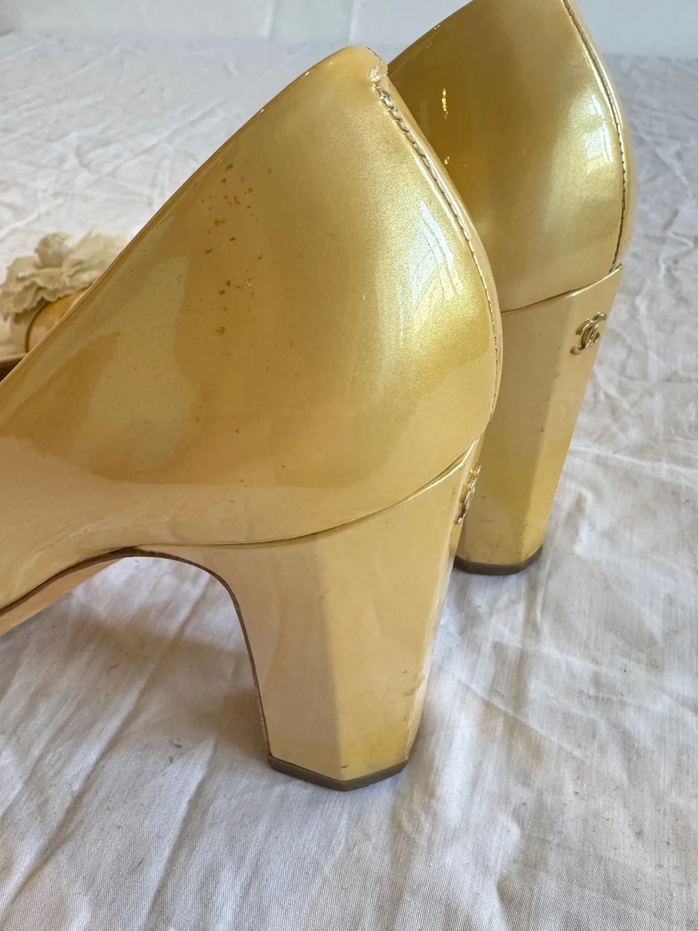 CHANEL Yellow Patent Camellia Iridescent Flower & CC Ballet Heels